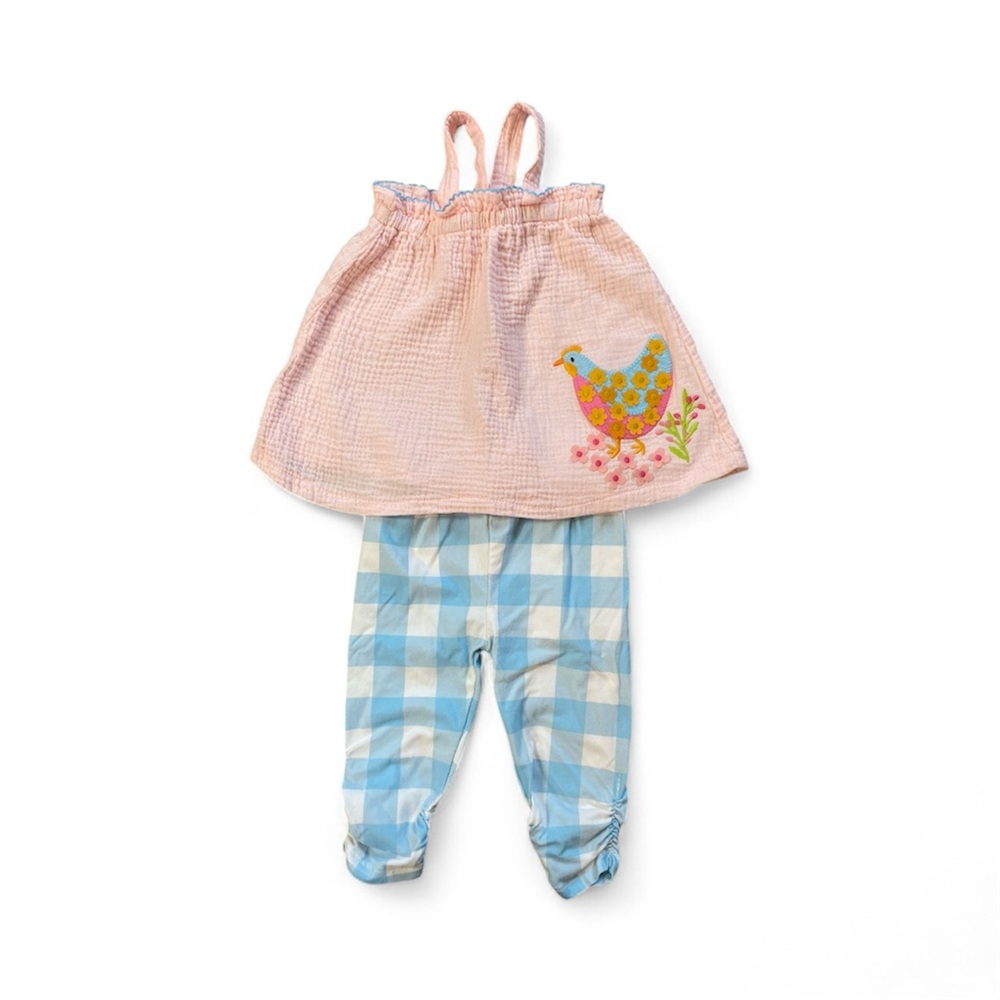 Baby clothing 12-18 mos, Mud Pie Pink Top and Blue Checkered Pants Set